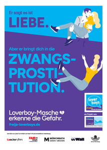 Plakat mit Hinweisen zur Aufklärung über Gefahr von Zwangsprostitution durch Loverboys