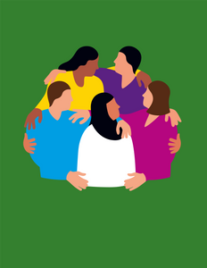 Gruppen von Menschen die sich im Kreis um die Schulter umarmen. Grafik.